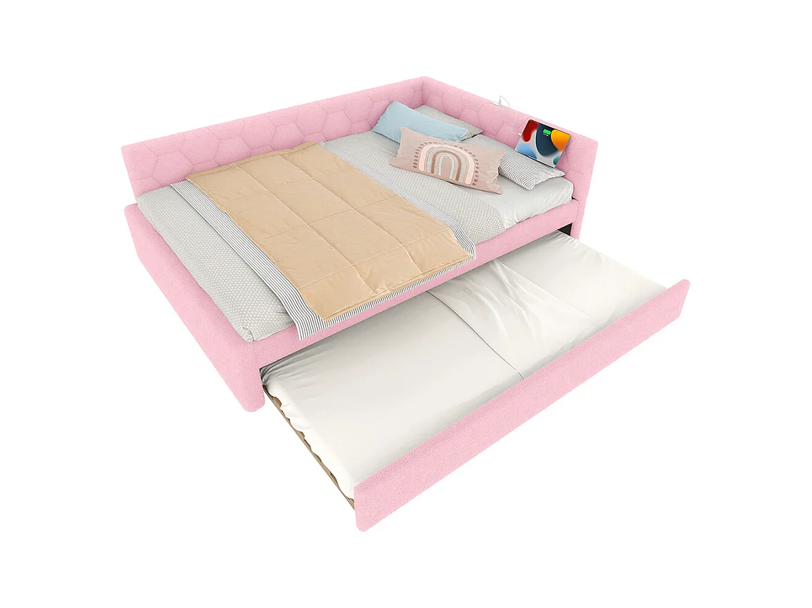 Lit de jour 140x200cm, canapé-lit avec sommier à lattes et lampe de chevet, lit gigogne, connexion usb, type-c, fleece+mdf, rose, sans matelas