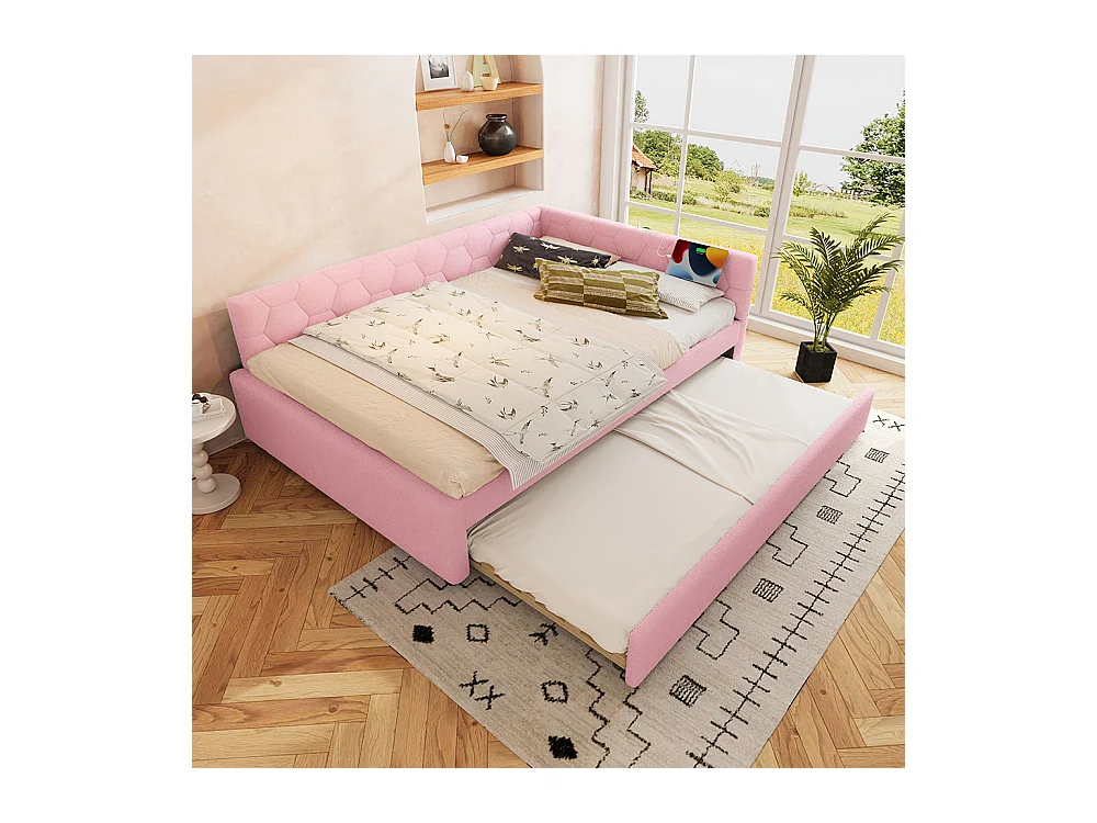 Lit de jour 140x200cm, canapé-lit avec sommier à lattes et lampe de chevet, lit gigogne, connexion usb, type-c, fleece+mdf, rose, sans matelas