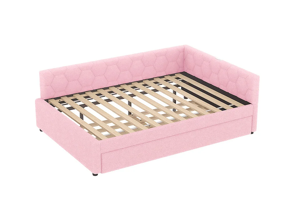 Lit de jour 140x200cm, canapé-lit avec sommier à lattes et lampe de chevet, lit gigogne, connexion usb, type-c, fleece+mdf, rose, sans matelas