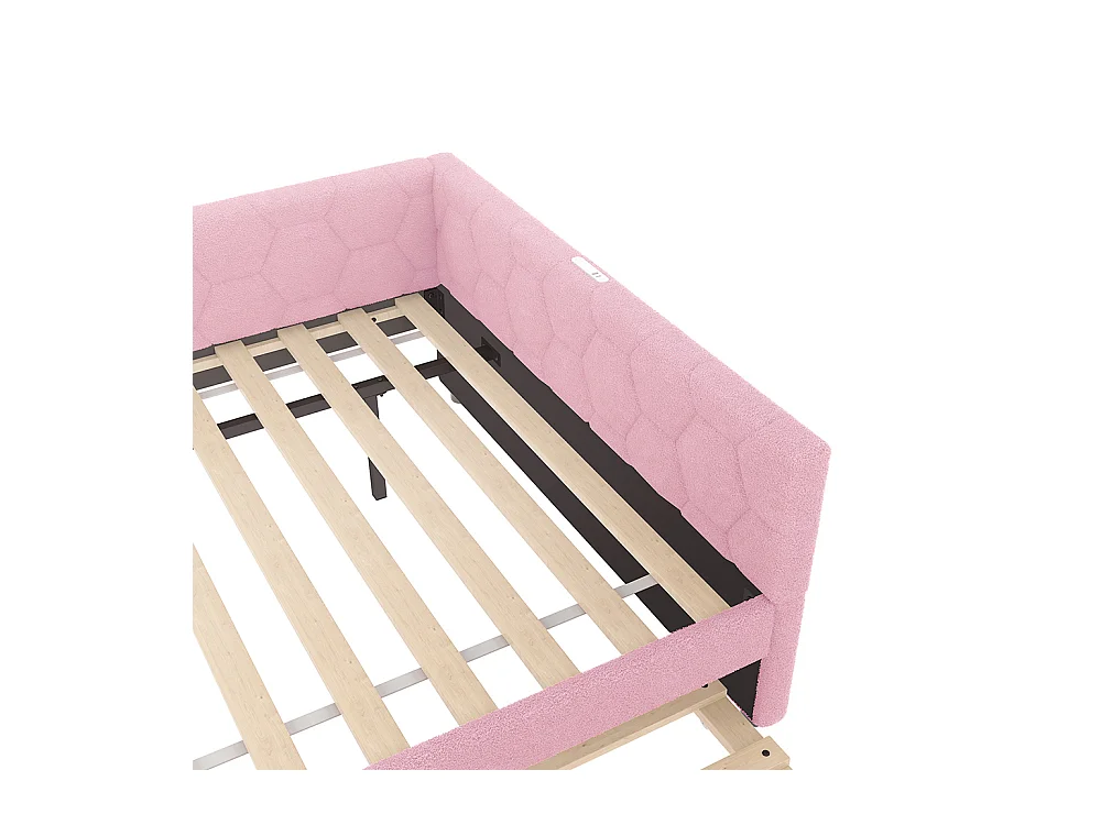 Lit de jour 140x200cm, canapé-lit avec sommier à lattes et lampe de chevet, lit gigogne, connexion usb, type-c, fleece+mdf, rose, sans matelas