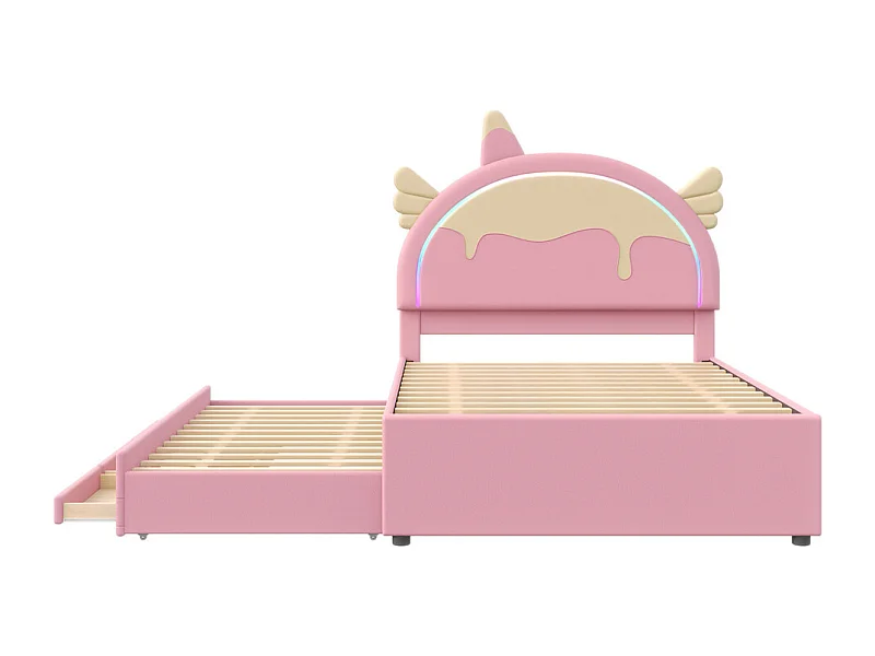 Lit jeune lit 140x200 cm lit gigogne escamotable forme de licorne éclairage d'ambiance led télécommandé lit simple pu rose