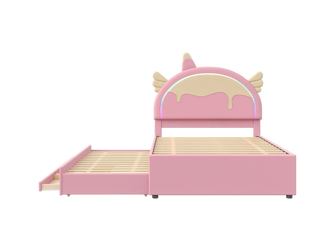 Lit jeune lit 140x200 cm lit gigogne escamotable forme de licorne éclairage d'ambiance led télécommandé lit simple pu rose