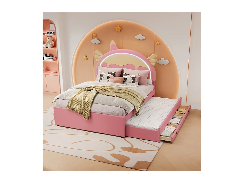 Lit jeune lit 140x200 cm lit gigogne escamotable forme de licorne éclairage d'ambiance led télécommandé lit simple pu rose