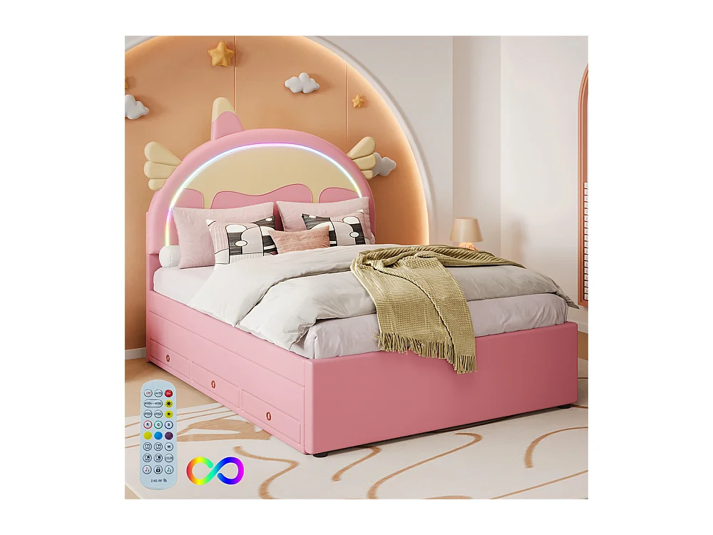Lit jeune lit 140x200 cm lit gigogne escamotable forme de licorne éclairage d'ambiance led télécommandé lit simple pu rose