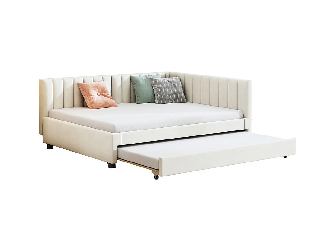 Lit jeune lit 140x200cm lit rembourré avec sommier à lattes tissu en velours beige