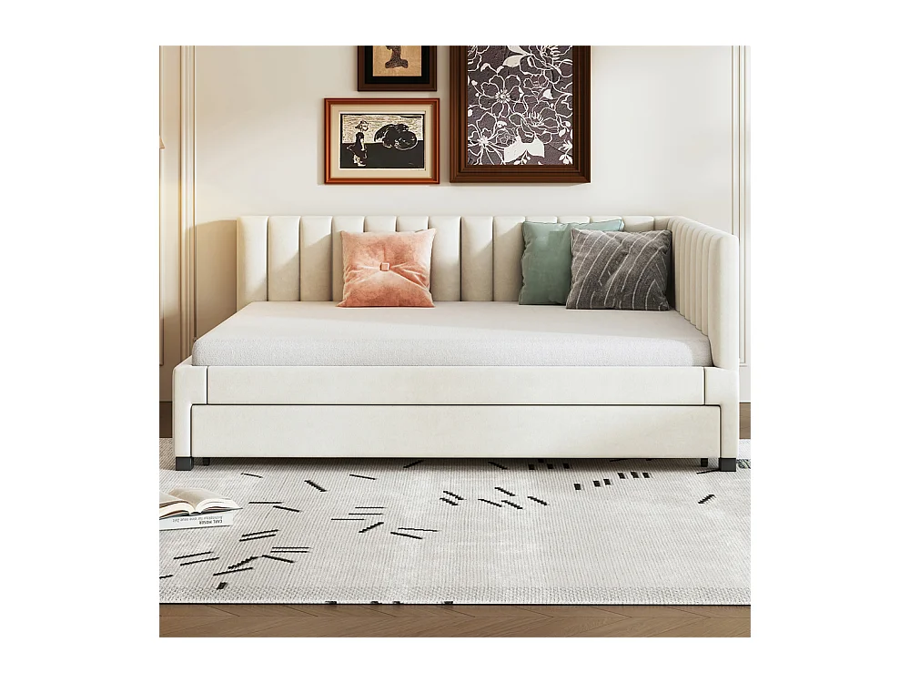 Lit jeune lit 140x200cm lit rembourré avec sommier à lattes tissu en velours beige