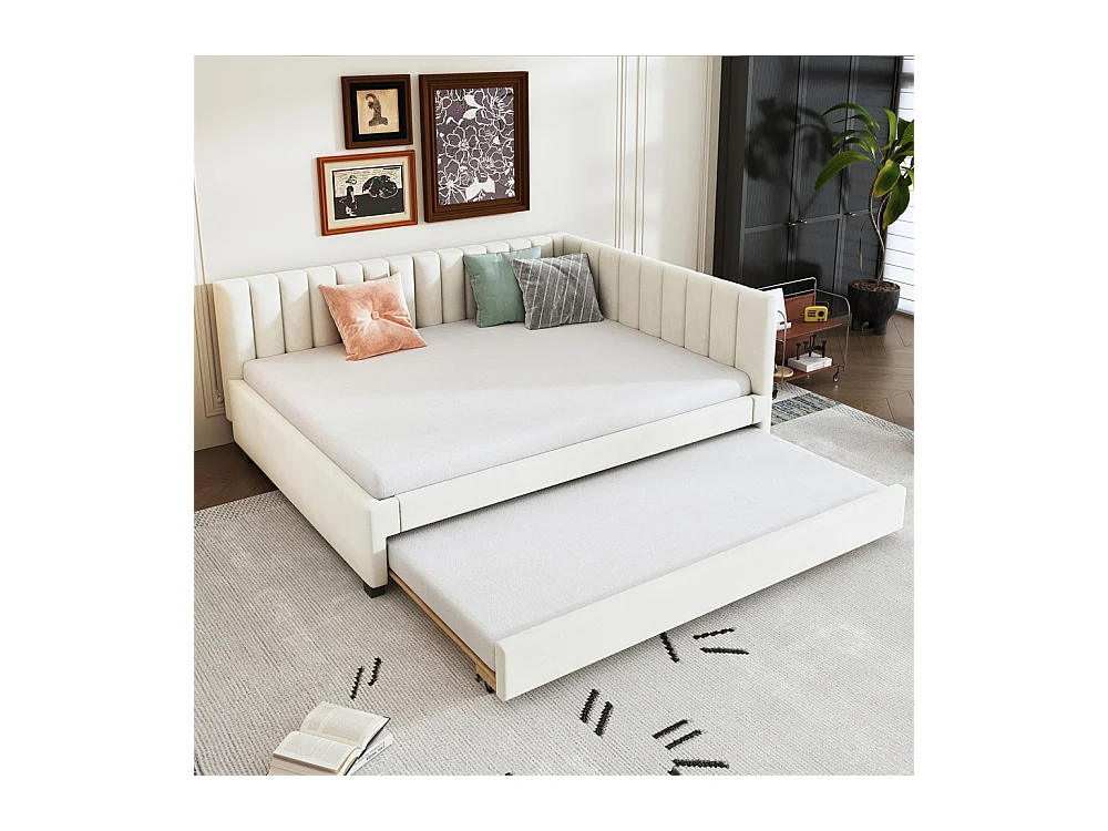 Lit jeune lit 140x200cm lit rembourré avec sommier à lattes tissu en velours beige