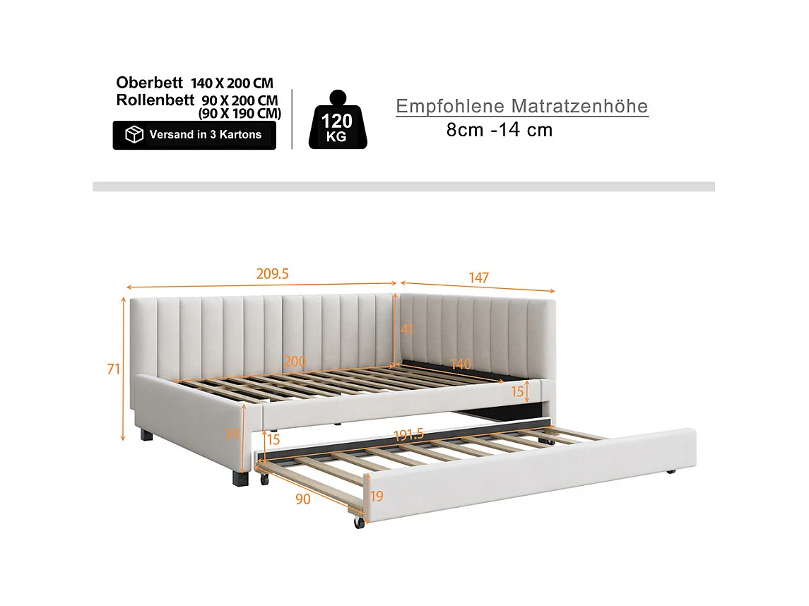 Lit jeune lit 140x200cm lit rembourré avec sommier à lattes tissu en velours beige