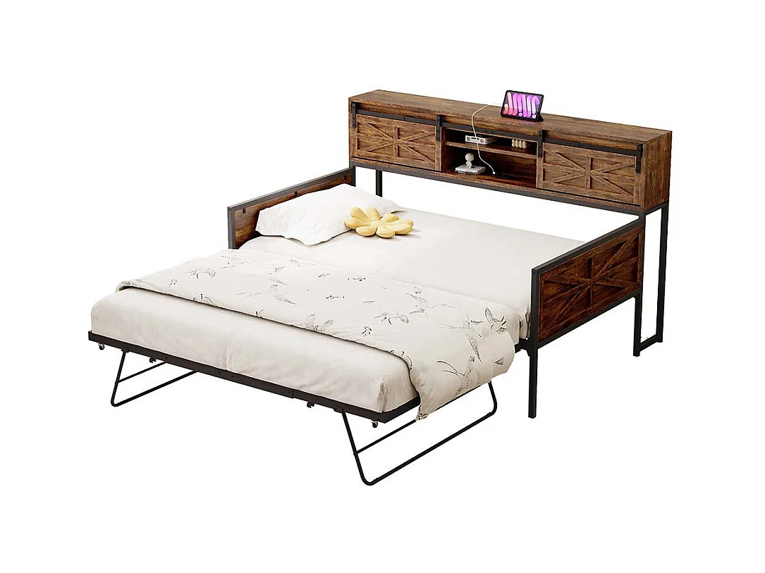 Canapé convertible 90x200cm, canapé convertible avec plusieurs rangements et prises multifonctions, lit simple, lit ado, noir + marron