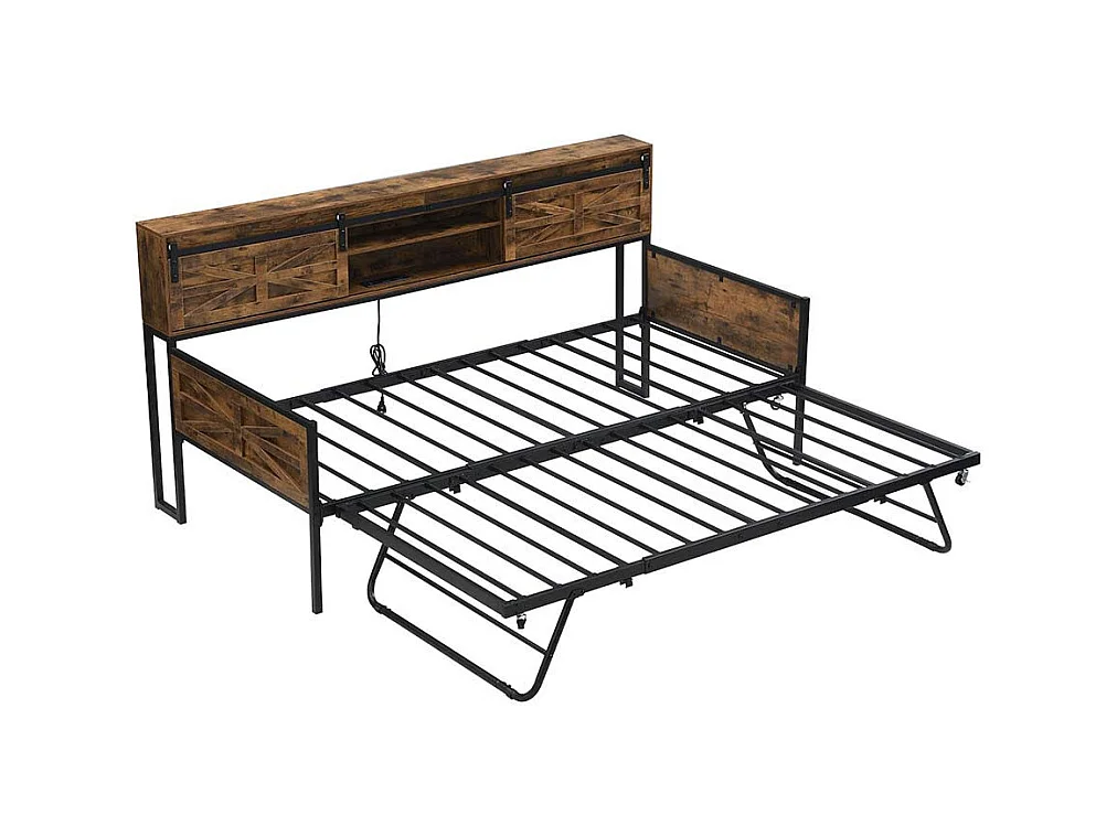 Canapé convertible 90x200cm, canapé convertible avec plusieurs rangements et prises multifonctions, lit simple, lit ado, noir + marron