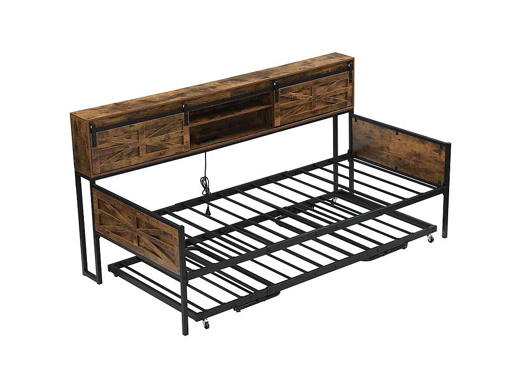 Canapé convertible 90x200cm, canapé convertible avec plusieurs rangements et prises multifonctions, lit simple, lit ado, noir + marron