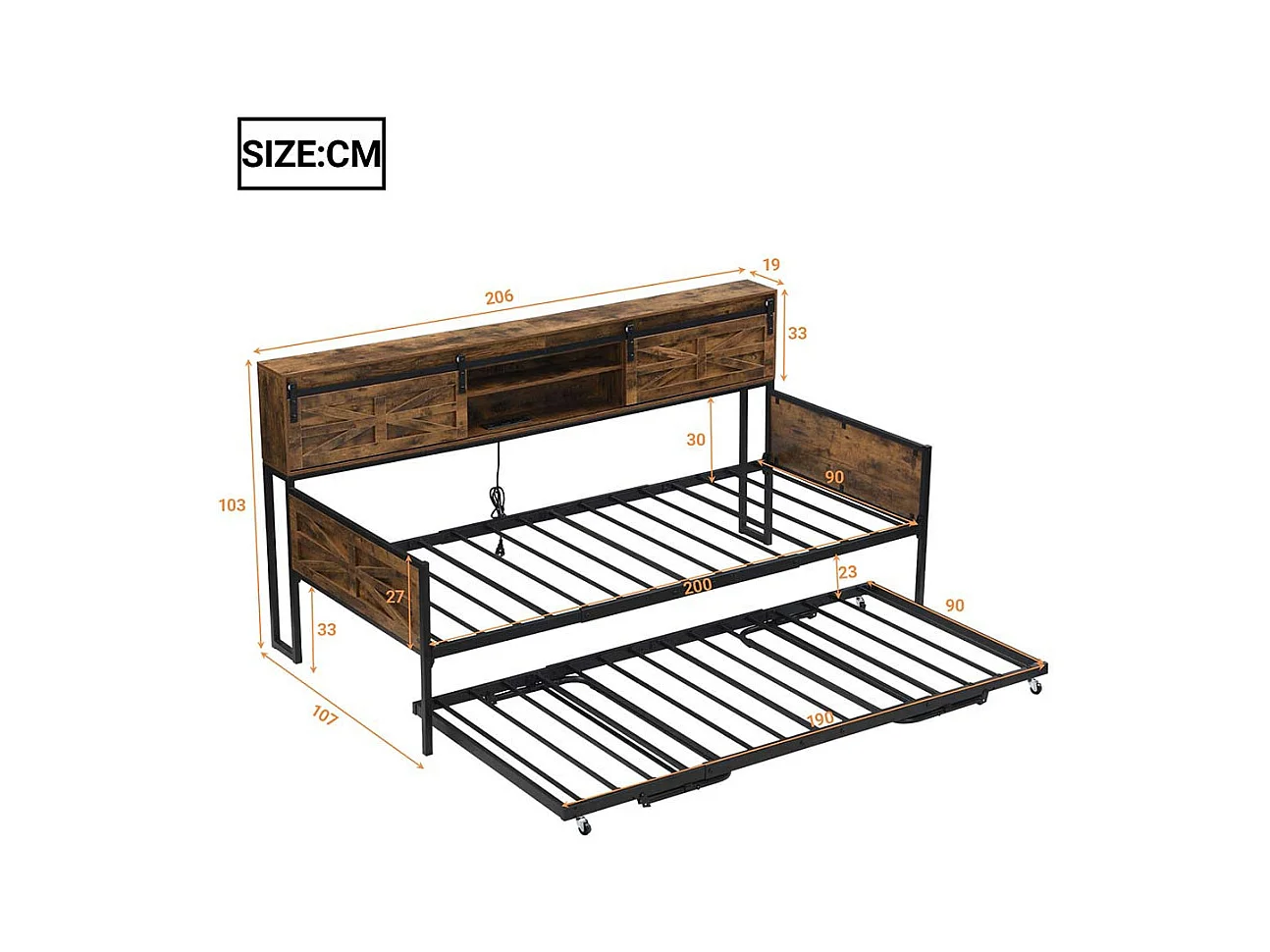 Canapé convertible 90x200cm, canapé convertible avec plusieurs rangements et prises multifonctions, lit simple, lit ado, noir + marron