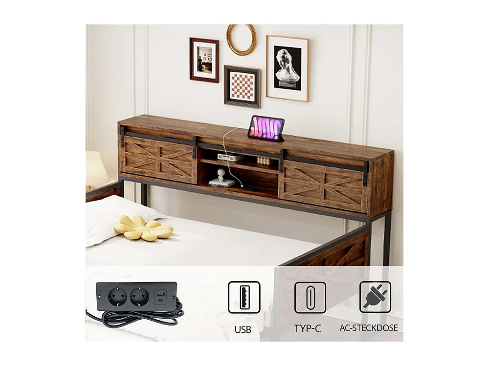 Canapé convertible 90x200cm, canapé convertible avec plusieurs rangements et prises multifonctions, lit simple, lit ado, noir + marron