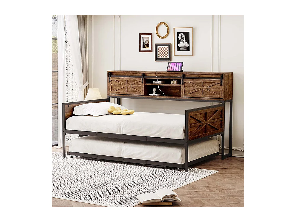 Canapé convertible 90x200cm, canapé convertible avec plusieurs rangements et prises multifonctions, lit simple, lit ado, noir + marron