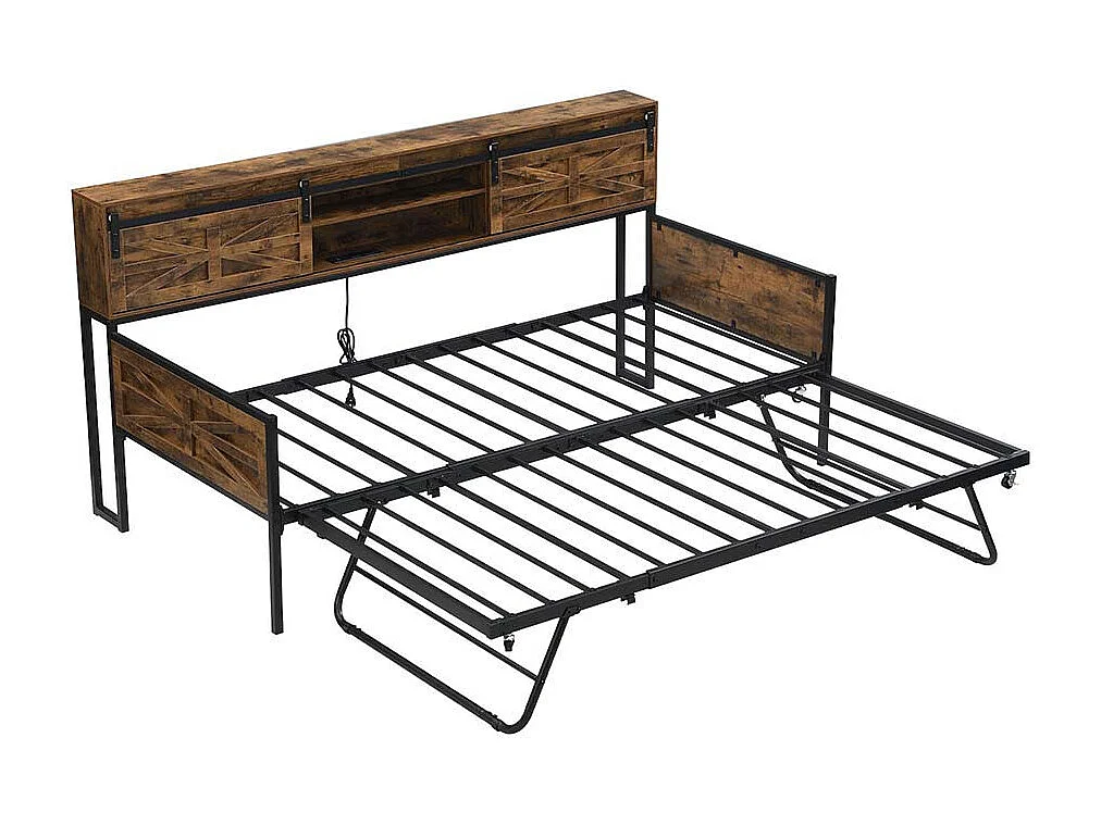 Canapé convertible 90x200cm, canapé convertible avec plusieurs rangements et prises multifonctions, lit simple, lit ado, noir + marron