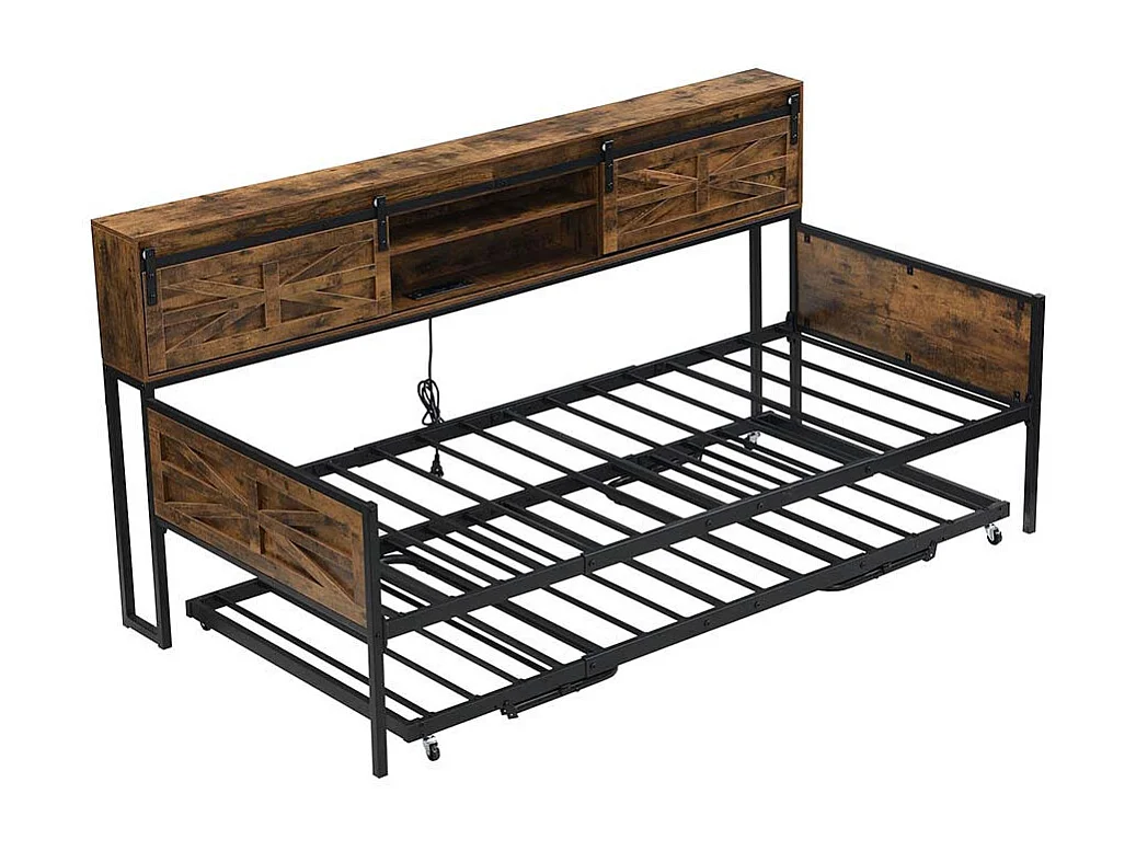 Canapé convertible 90x200cm, canapé convertible avec plusieurs rangements et prises multifonctions, lit simple, lit ado, noir + marron