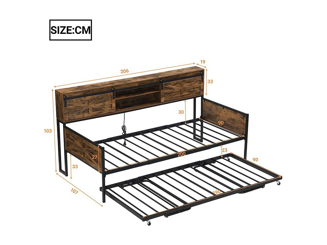 Canapé convertible 90x200cm, canapé convertible avec plusieurs rangements et prises multifonctions, lit simple, lit ado, noir + marron