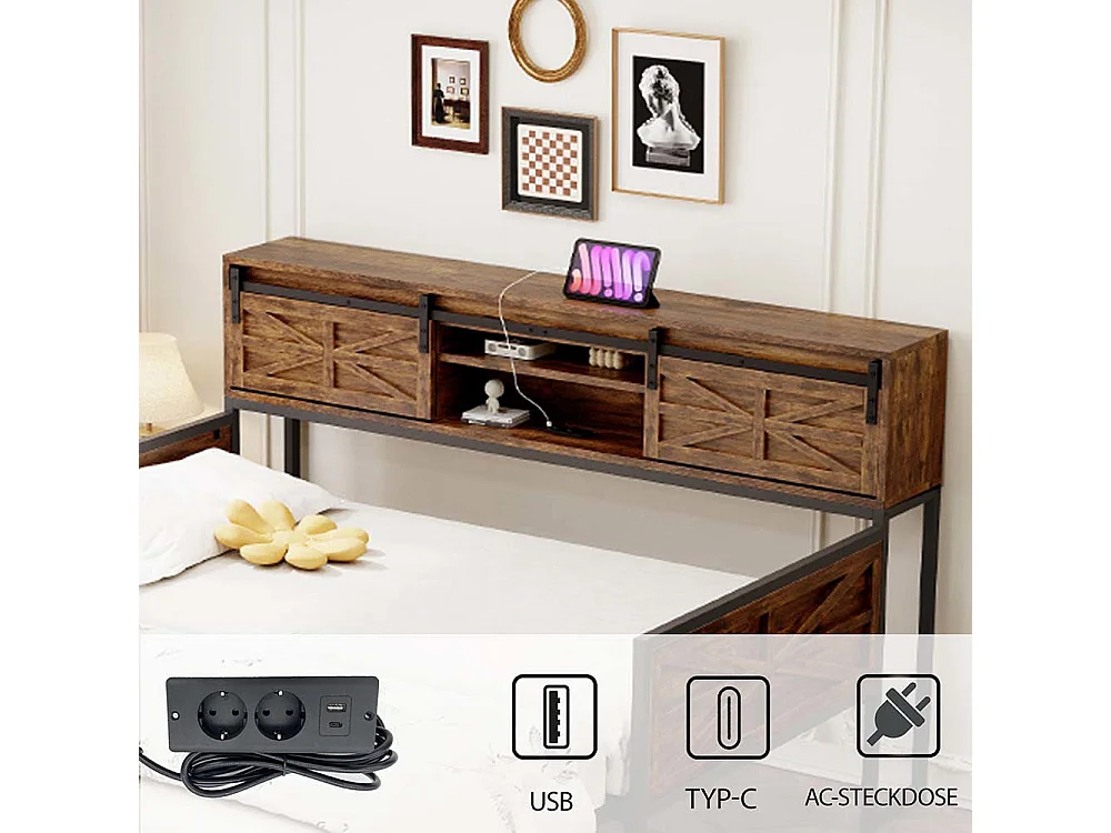 Canapé convertible 90x200cm, canapé convertible avec plusieurs rangements et prises multifonctions, lit simple, lit ado, noir + marron