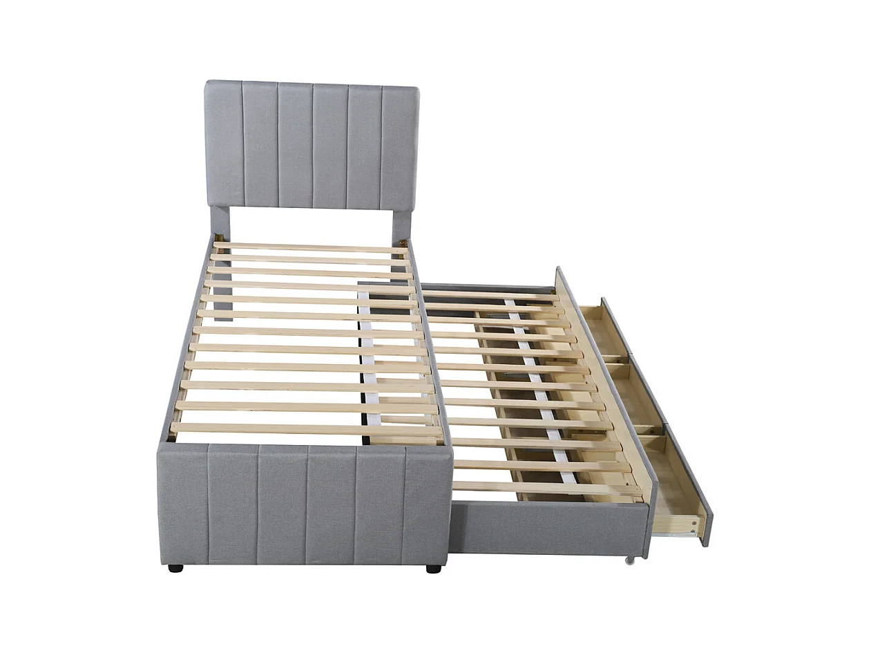 Lit jeune lit 90x200 cm lit rembourré avec lit gigogne et tiroirs lit simple lin gris