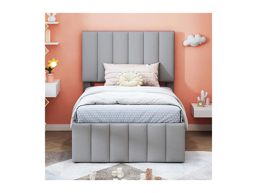 Lit jeune lit 90x200 cm lit rembourré avec lit gigogne et tiroirs lit simple lin gris