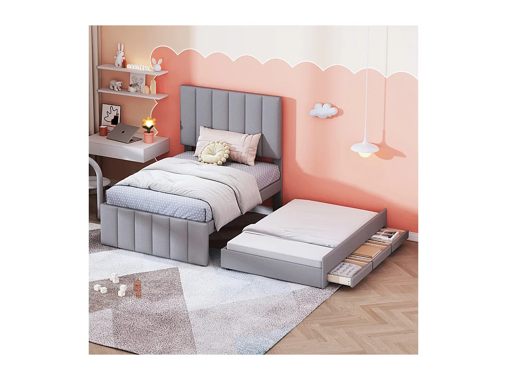 Lit jeune lit 90x200 cm lit rembourré avec lit gigogne et tiroirs lit simple lin gris