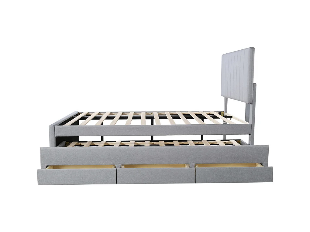 Lit jeune lit 90x200 cm lit rembourré avec lit gigogne et tiroirs lit simple lin gris