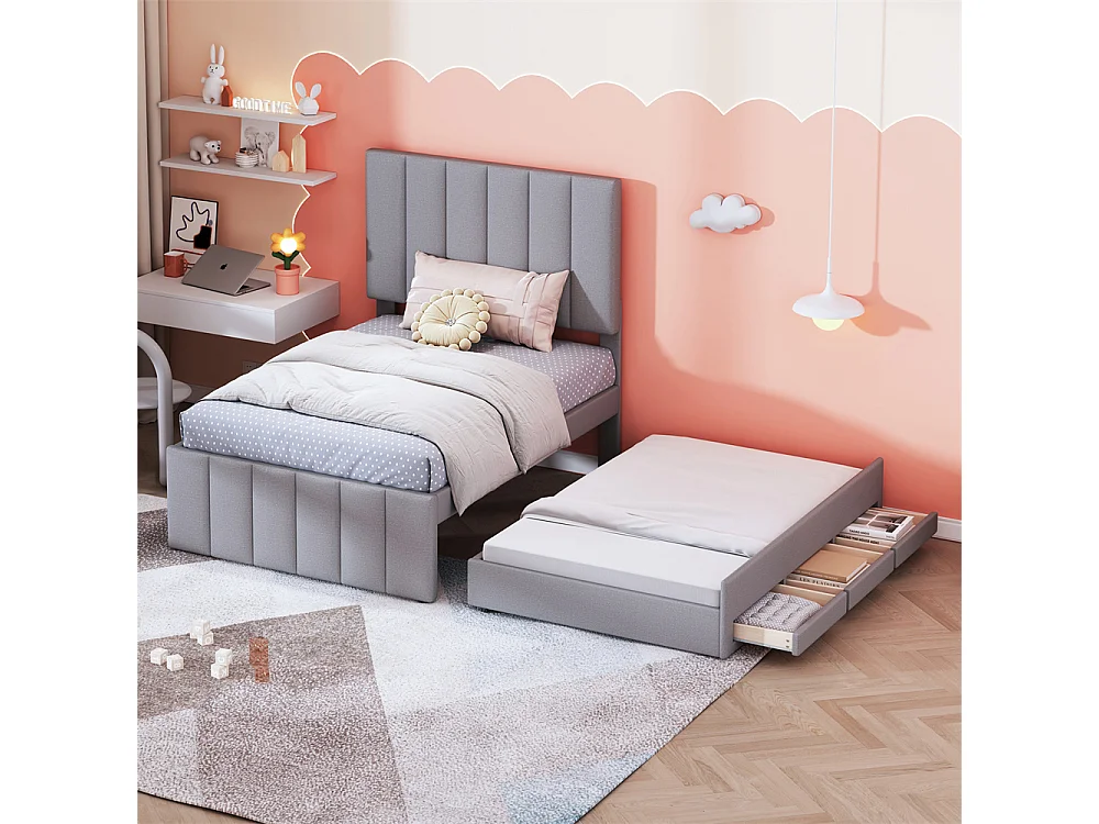 Lit jeune lit 90x200 cm lit rembourré avec lit gigogne et tiroirs lit simple lin gris