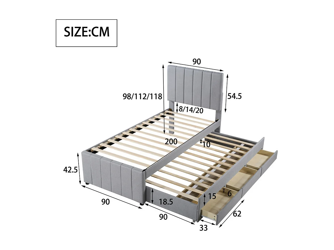 Lit jeune lit 90x200 cm lit rembourré avec lit gigogne et tiroirs lit simple lin gris