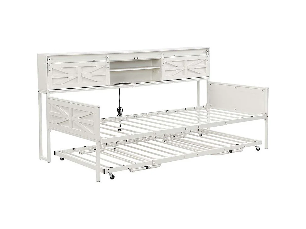 Canapé-lit 90x200cm, canapé-lit avec plusieurs rangements et prises multifonctions, lit simple, lit adolescent, blanc