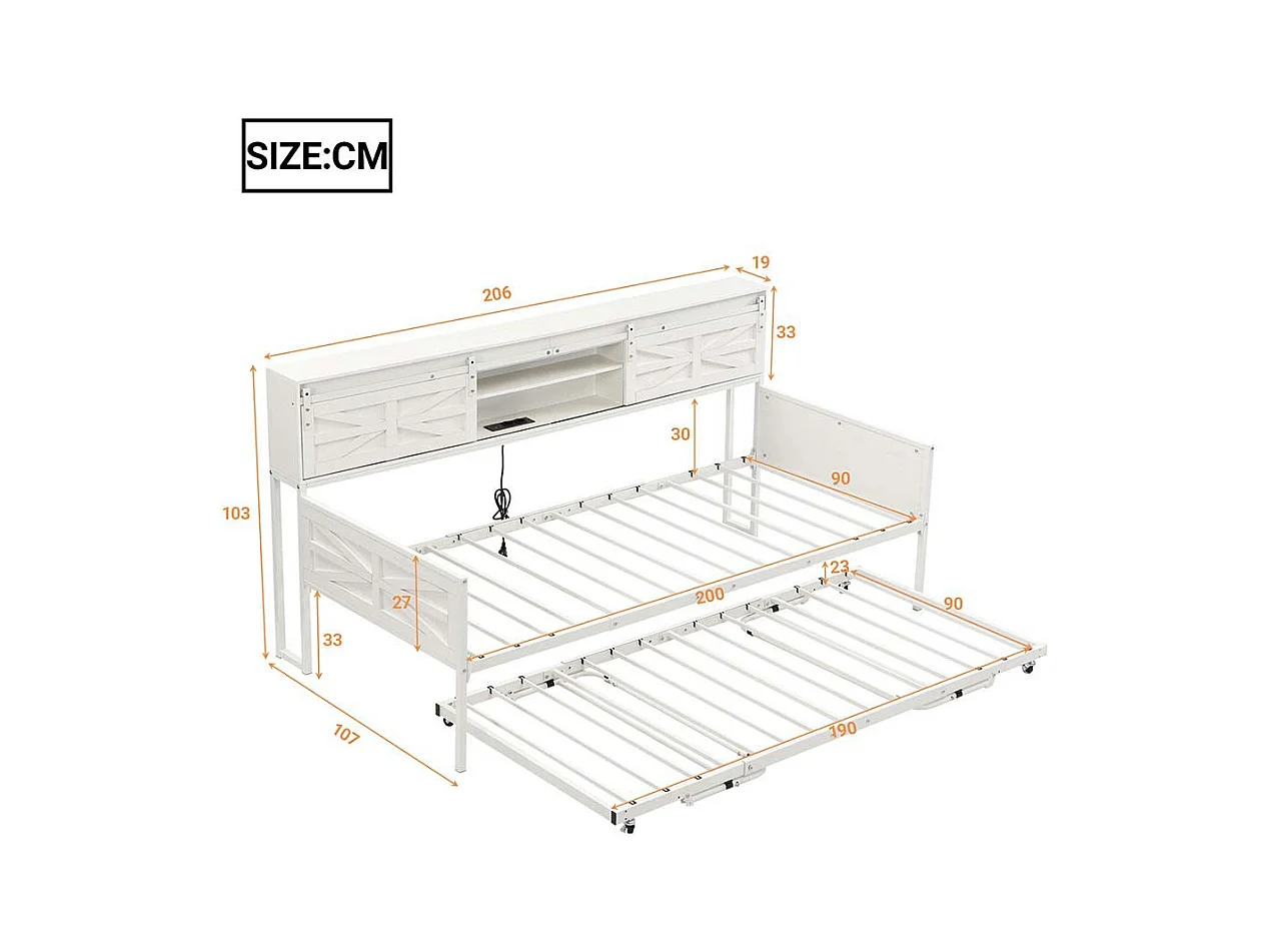 Canapé-lit 90x200cm, canapé-lit avec plusieurs rangements et prises multifonctions, lit simple, lit adolescent, blanc