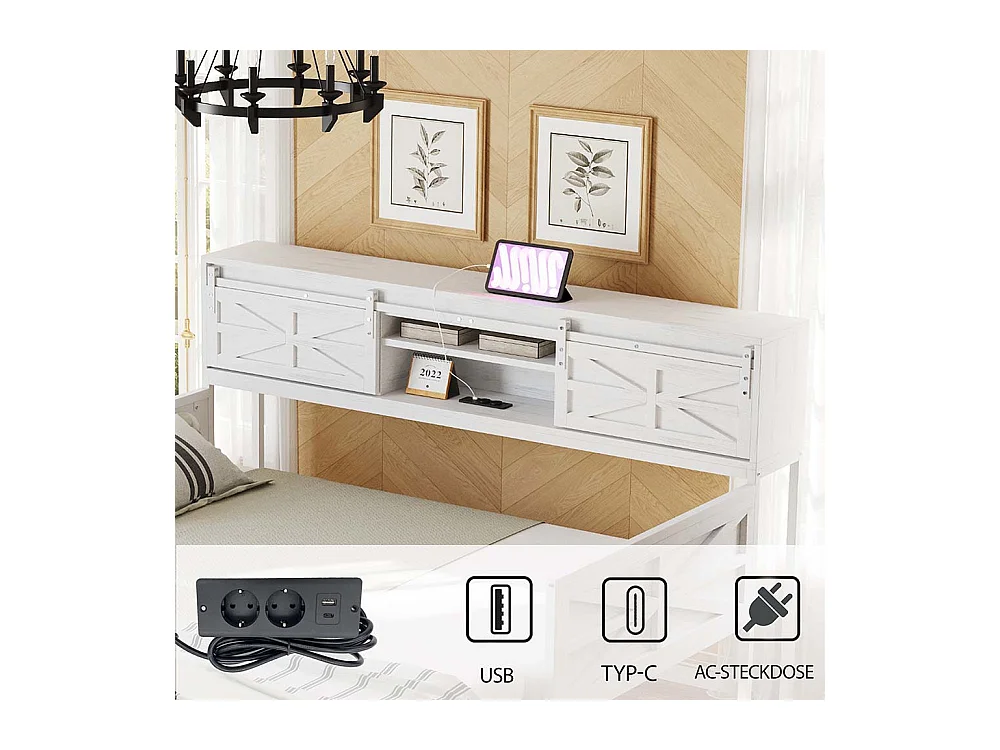 Canapé-lit 90x200cm, canapé-lit avec plusieurs rangements et prises multifonctions, lit simple, lit adolescent, blanc