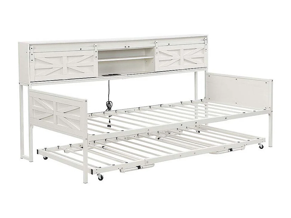 Canapé-lit 90x200cm, canapé-lit avec plusieurs rangements et prises multifonctions, lit simple, lit adolescent, blanc