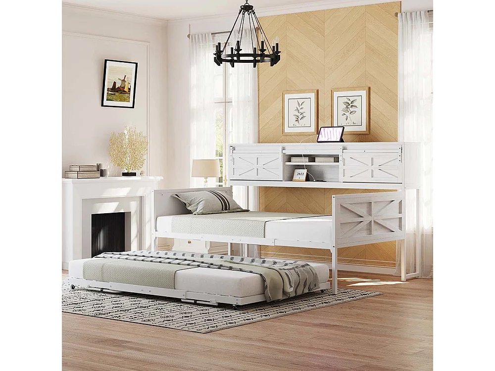 Canapé-lit 90x200cm, canapé-lit avec plusieurs rangements et prises multifonctions, lit simple, lit adolescent, blanc