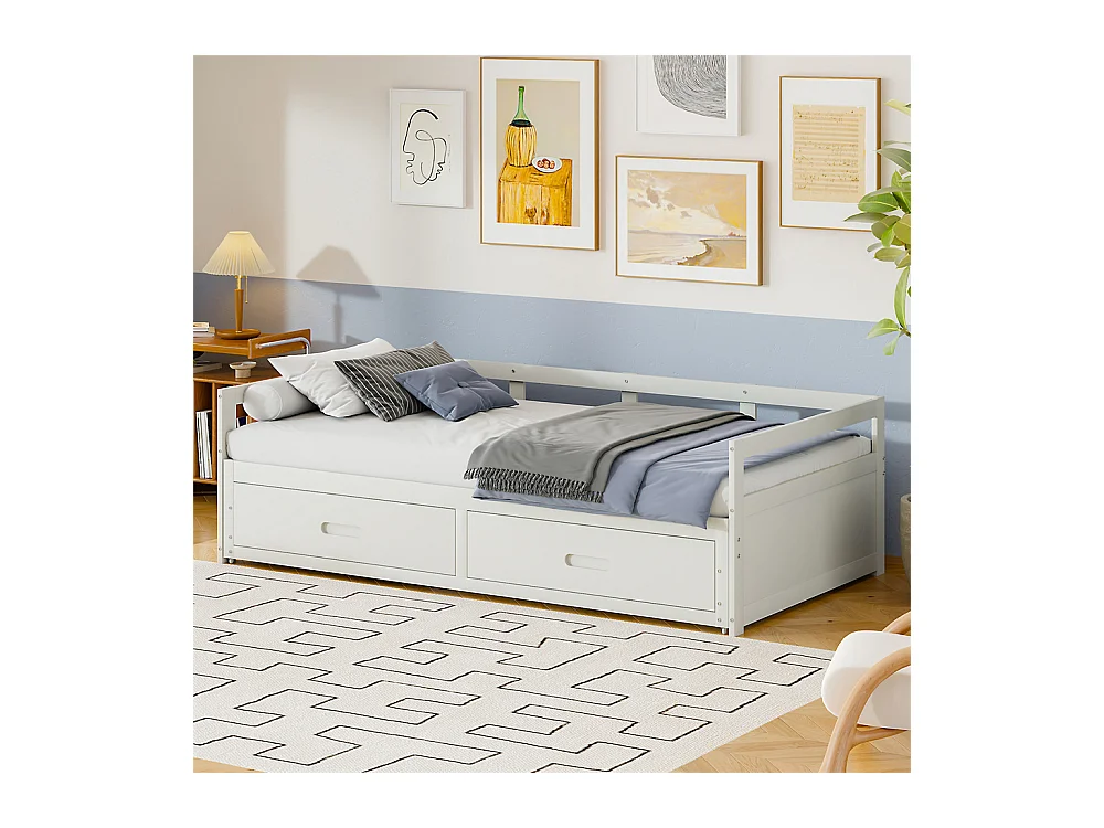 Lit jeune lit 90x200 cm avec tiroirs et sommier à lattes lit simple pin blanc