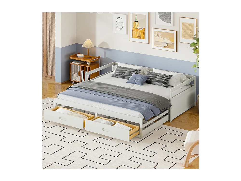 Lit jeune lit 90x200 cm avec tiroirs et sommier à lattes lit simple pin blanc