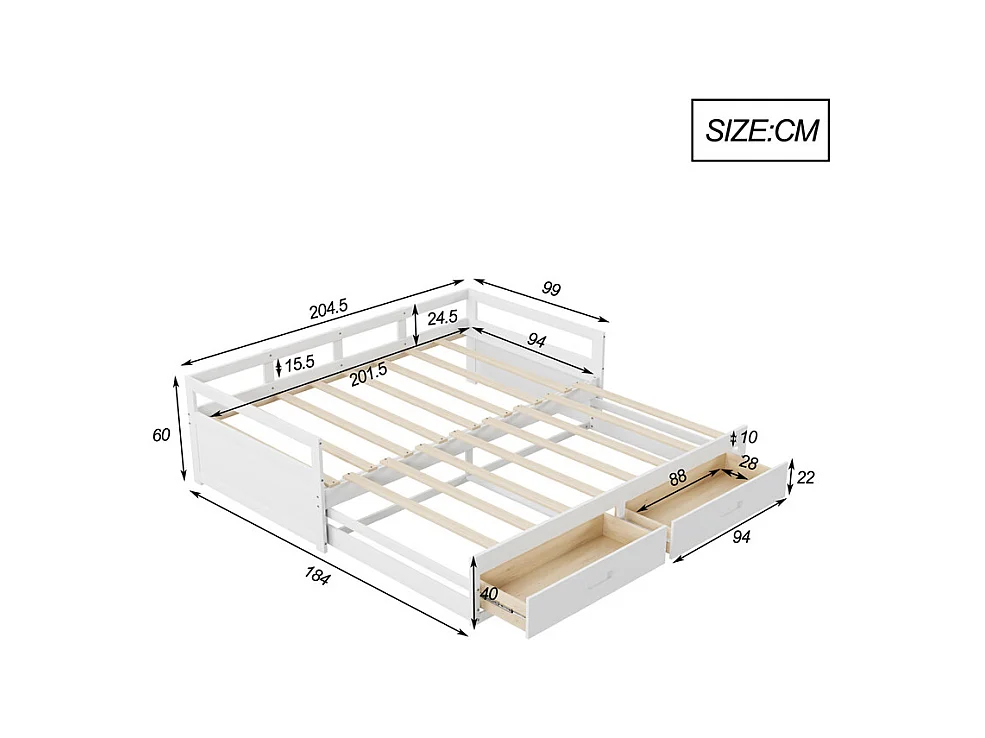 Lit jeune lit 90x200 cm avec tiroirs et sommier à lattes lit simple pin blanc