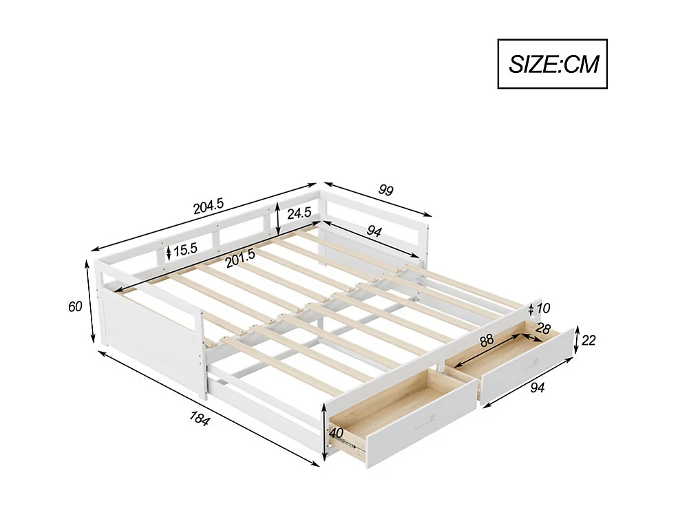 Lit jeune lit 90x200 cm avec tiroirs et sommier à lattes lit simple pin blanc