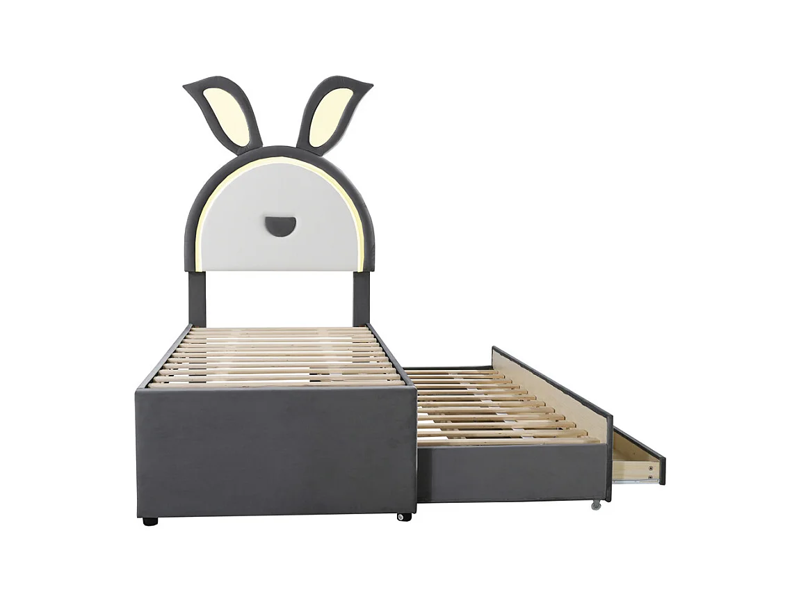 Lit jeune lit 90x200 cm lit rembourré lit simple avec tiroirs et lumière led velours gris