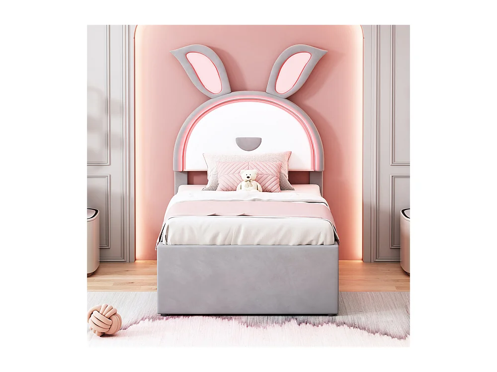 Lit jeune lit 90x200 cm lit rembourré lit simple avec tiroirs et lumière led velours gris