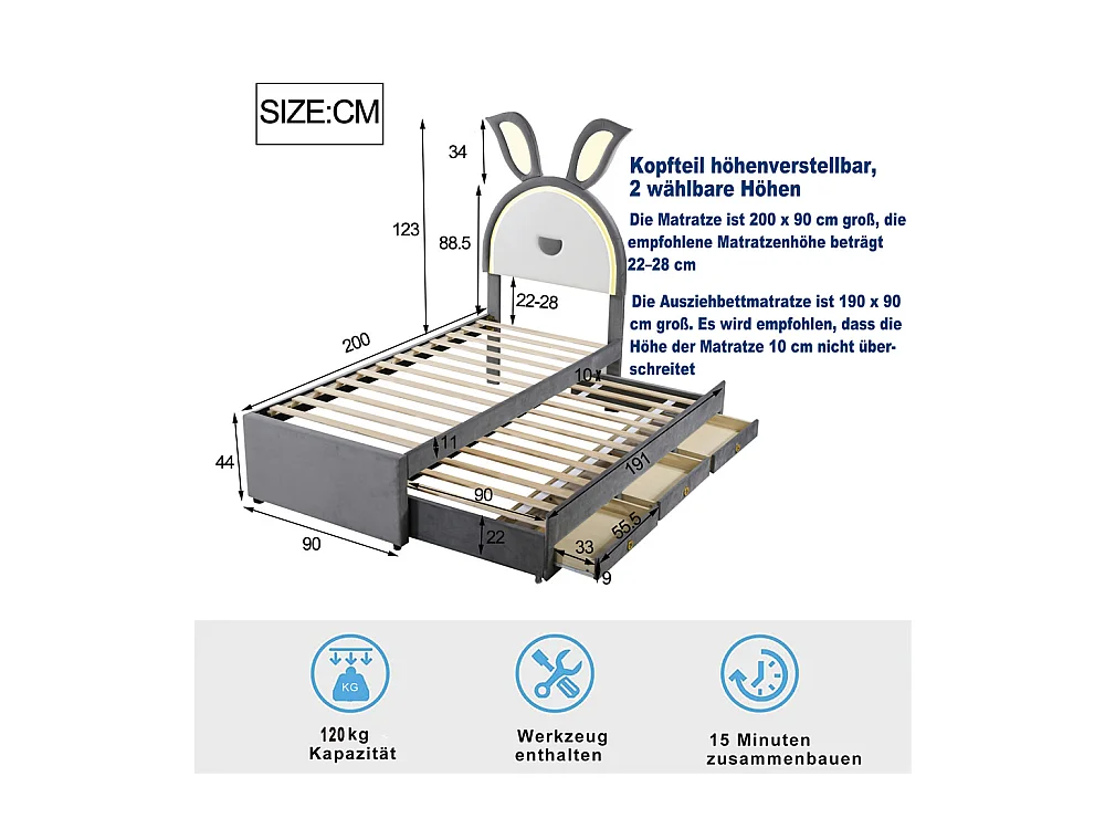 Lit jeune lit 90x200 cm lit rembourré lit simple avec tiroirs et lumière led velours gris