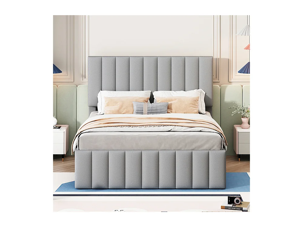 Lit jeune lit 140x200 cm lit rembourré avec lit gigogne et tiroirs lit double lin gris