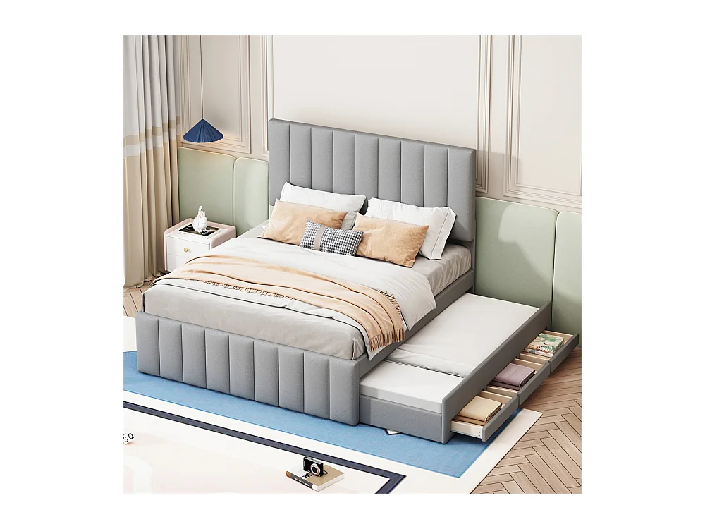 Lit jeune lit 140x200 cm lit rembourré avec lit gigogne et tiroirs lit double lin gris