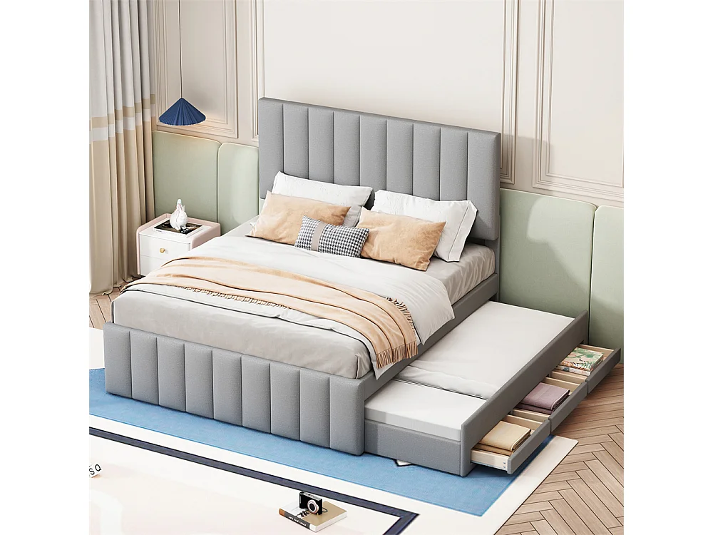 Lit jeune lit 140x200 cm lit rembourré avec lit gigogne et tiroirs lit double lin gris