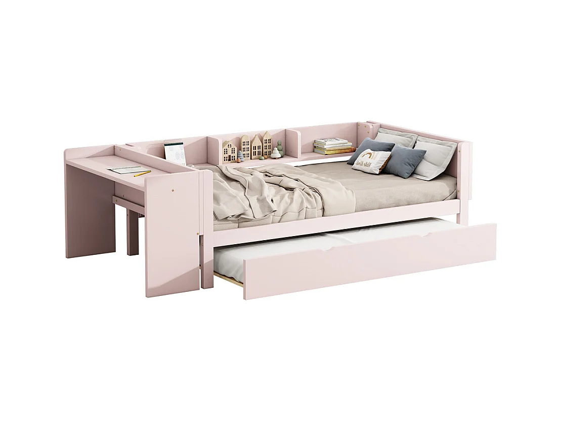 Lit jeune lit 90x200 cm lit plat avec lit escamotable et bureau pin rose