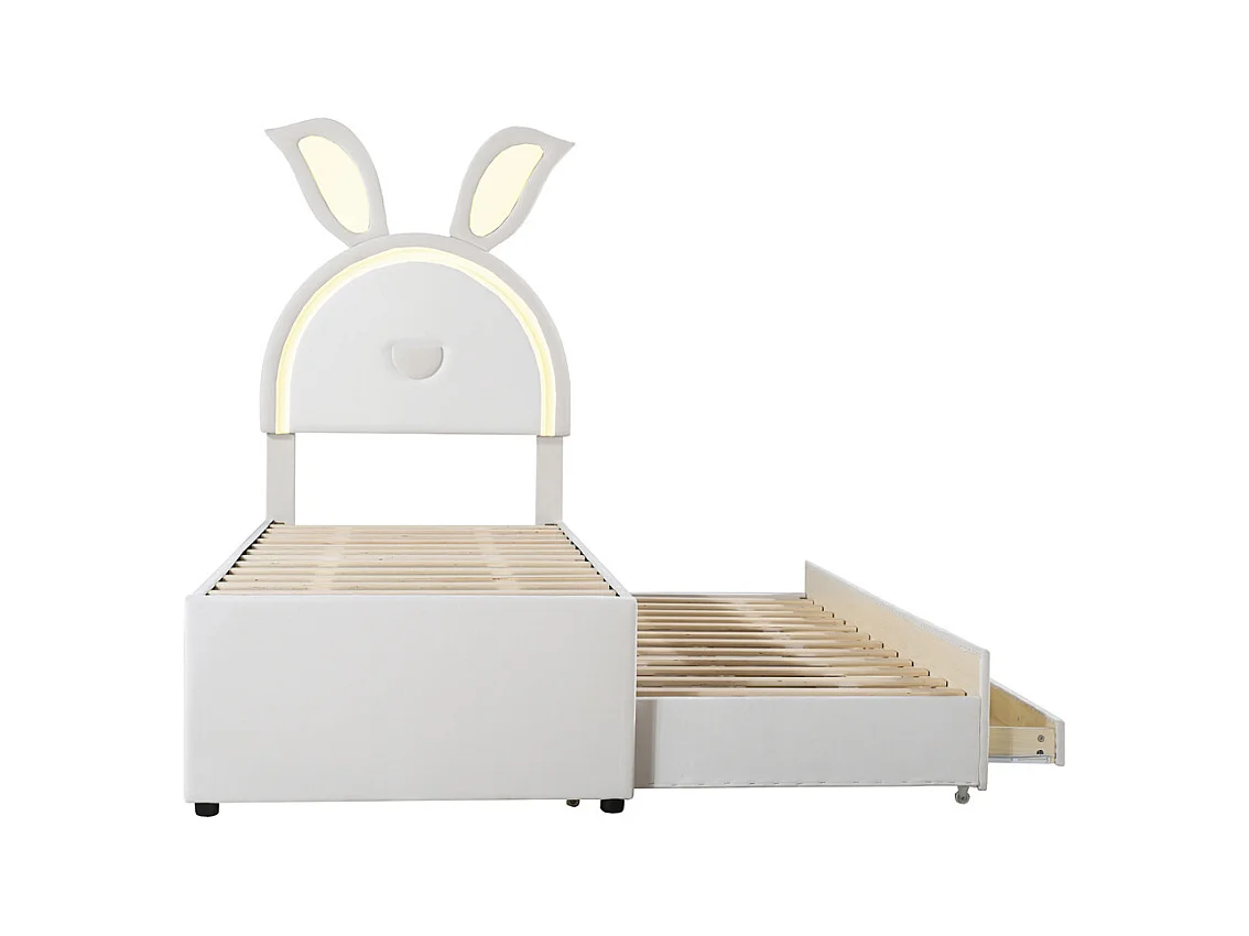 Lit jeune lit 90x200 cm lit rembourré lit simple avec tiroirs et lumière led velours beige