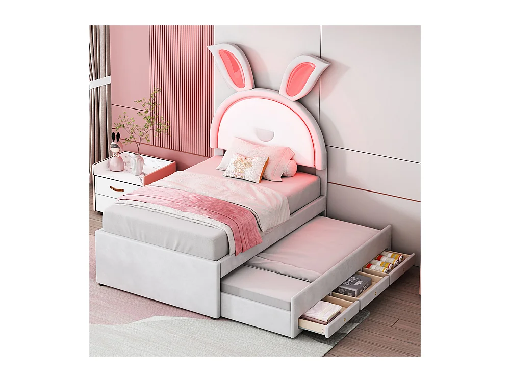 Lit jeune lit 90x200 cm lit rembourré lit simple avec tiroirs et lumière led velours beige