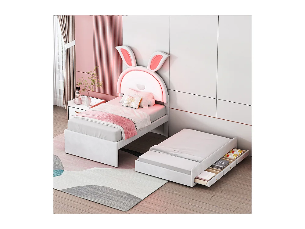 Lit jeune lit 90x200 cm lit rembourré lit simple avec tiroirs et lumière led velours beige