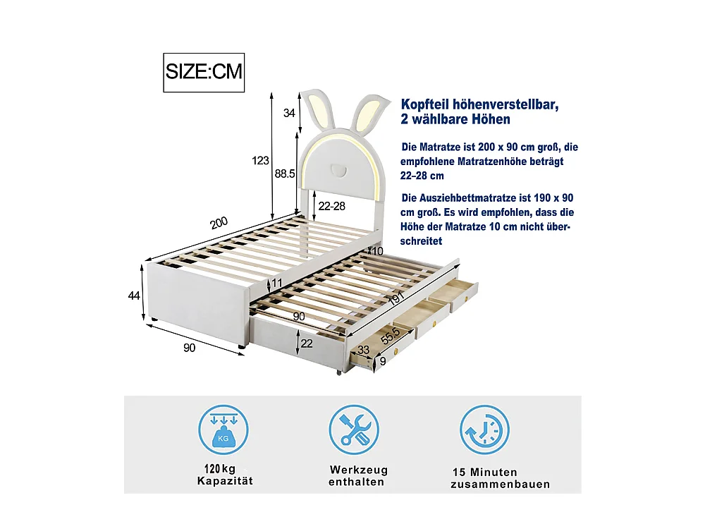 Lit jeune lit 90x200 cm lit rembourré lit simple avec tiroirs et lumière led velours beige