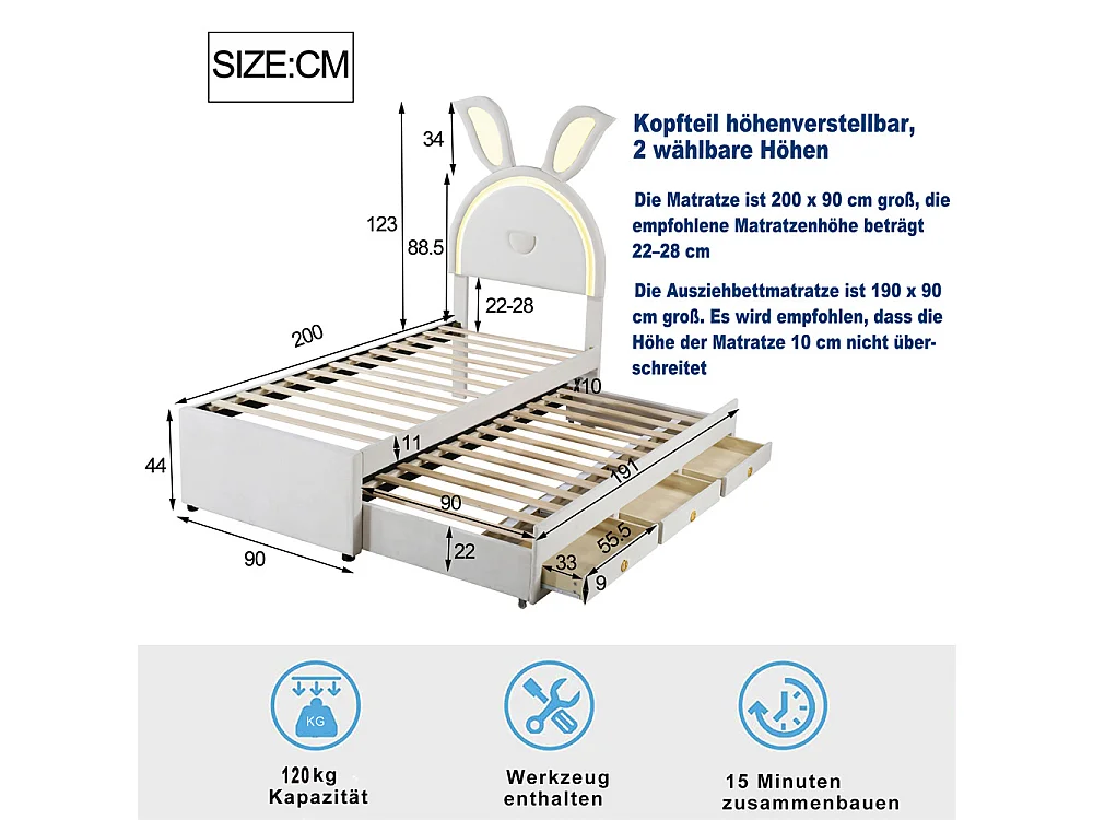 Lit jeune lit 90x200 cm lit rembourré lit simple avec tiroirs et lumière led velours beige