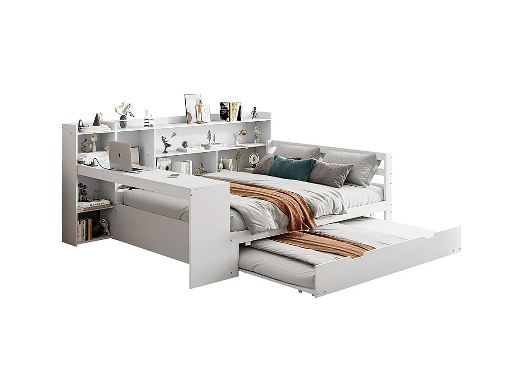 Lit jeune lit 140x200cm lit double en bois avec bureau, étagères et prise de courant bois massif blanc